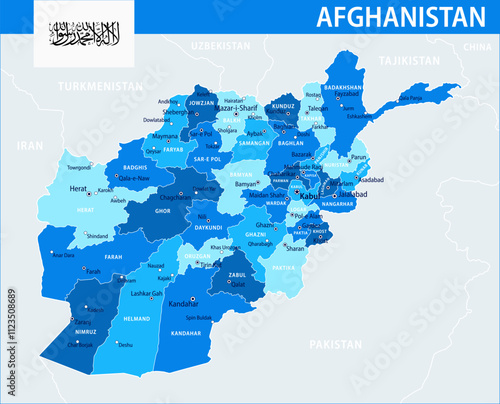 Afghanistan Map Vector Blue Spot - Customizable layered political map of Afghanistan with administrative divisions for website, education, reports, news, politics, print, poster and wallpaper