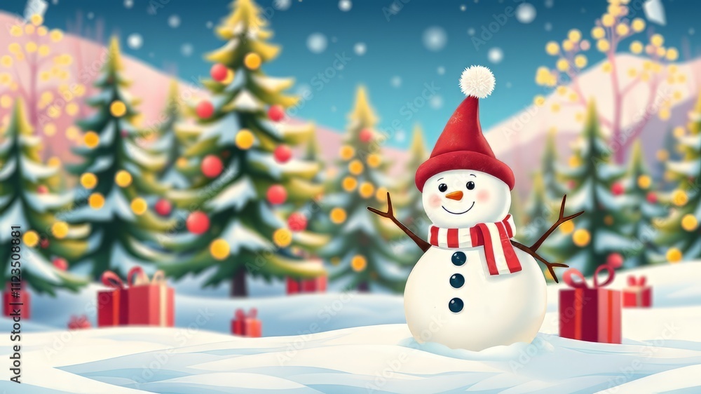 Fototapeta premium Cute Christmas Landscape Snowman Card - Merry Christmas Illustration