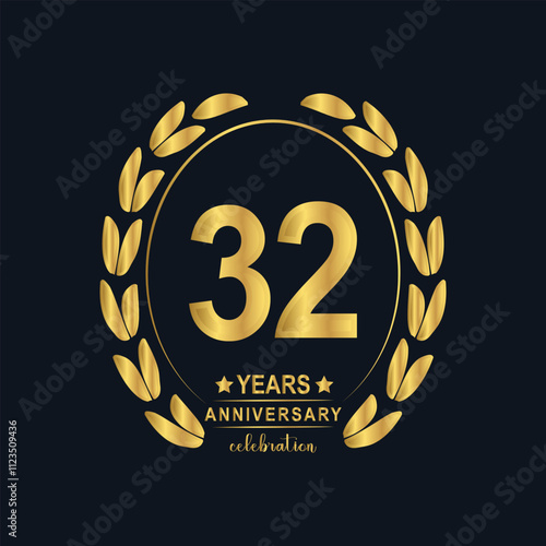 32th Years Anniversary celebration. Vector Template festive illustration Golden Color,. Birthday or wedding party event decoration. photo