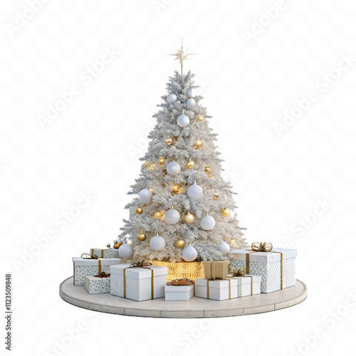 abstract 3d christmas tree with golden baubles for new year with gift box different colour and style isolated on white background