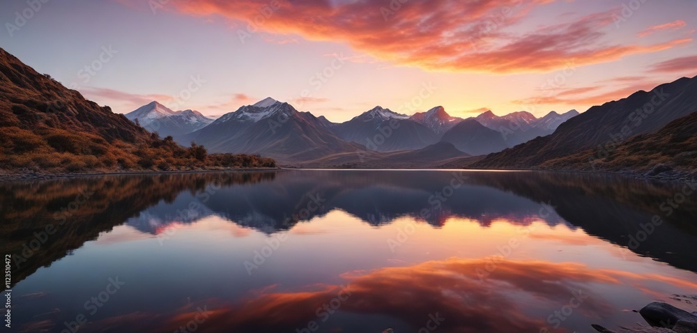 Obraz premium The vibrant colors of a sunset reflected on the calm waters of a lake in the midst of the Andes mountains, reflection, Andes, sunset