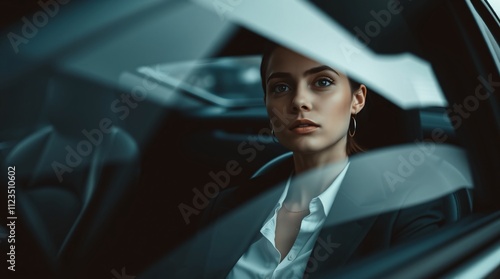 The Reflection of Ambition: A businesswoman gazes out the window of a sleek car, her confident expression reflecting her unwavering drive and ambition. photo