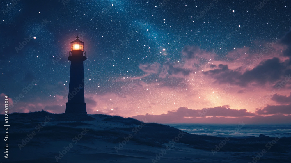 A forlorn lighthouse stranded in an arid desert basin, its silhouette blending with the starlit sky. A forlorn lighthouse stranded in an arid desert basin, its silhouette blending with the starlit sky.