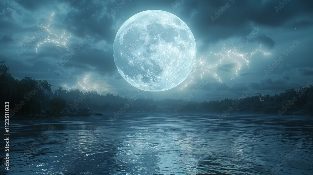 Fototapeta premium A full moon glows over a still lake, surrounded by trees and mist.