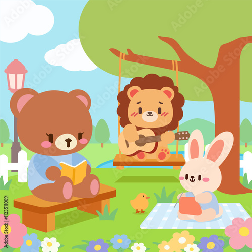 Kawaii illustration features a bear reading, a lion playing guitar on a swing and a bunny knitting on a picnic blanket in a vibrant park. Surrounded by blooming flowers, lush greenery and peaceful.