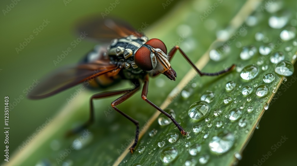 Fototapeta premium Extreme Macro Horse Fly on Dew-Kissed Leaf - AI Photorealistic