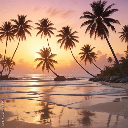 Yellow sunset on the beach with palm trees and abstract brushstrokes in soft pastel colors, bright yellow,