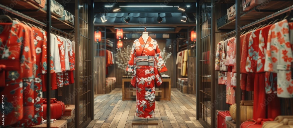 Fototapeta premium Elegant Japanese woman standing in a historic Japanese retail store wearing a traditional red and gold patterned kimono The store interior is filled with various kimono designs and accessories