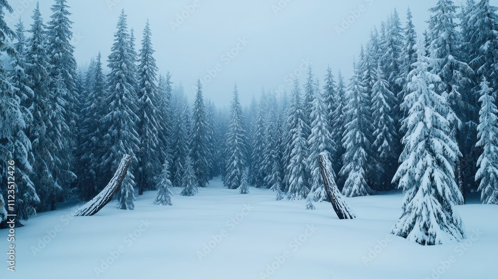 Fototapeta premium Winter storm and wind visibility, A serene winter landscape filled with tall, snow-covered evergreen trees amidst a blanket of fresh snow, exuding a calm, tranquil atmosphere.