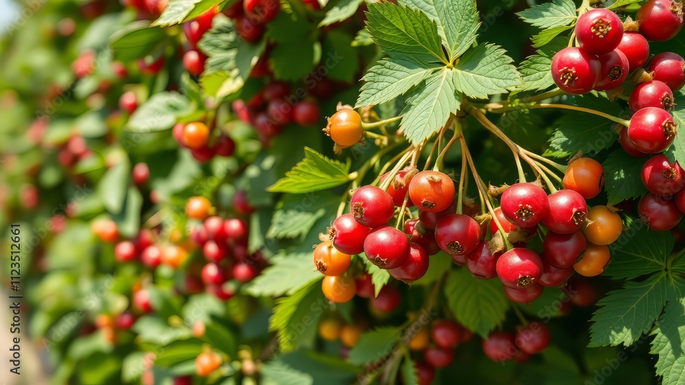 Obraz premium Gooseberry Bush, Summer Garden, Lush Green, Vibrant Colors, Detailed Photo, High Resolution