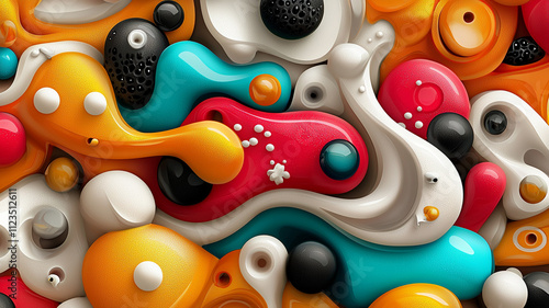 Colorful abstract art featuring vibrant shapes and fluid forms, showcasing playful mix of bright colors like red, orange, black, and white. This minimalist design evokes creativity and joy