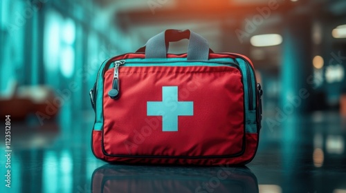 Red first aid kit with a white cross symbol, designed for quick medical intervention and emergency health support. photo