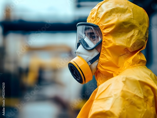 A focused individual wearing a bright yellow protective suit and gas mask, highlighting safety measures in hazardous environments with industrial background elements. photo