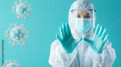 Healthcare worker in protective gear demonstrating safety protocols against viruses. photo