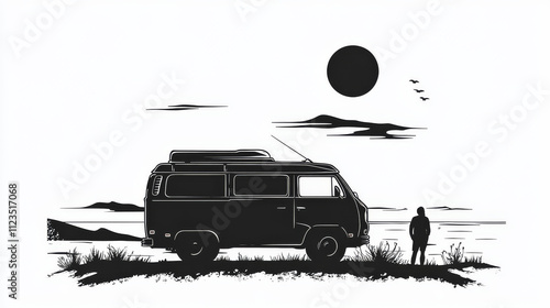 Keep it simple slow living travel van life surfer on the road lifestyle mindset. Boho aesthetic print. Campvan with surfboard on top minimalist illustration drawing vector printable text cut file. photo