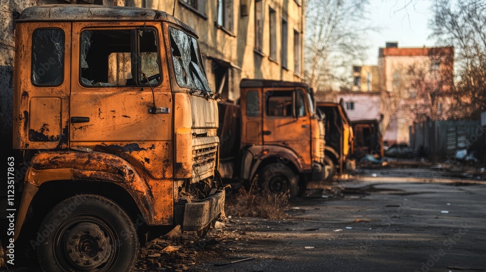 Obraz premium damage, trucks, disaster, aftermath, debris, deserted, street, empty, neglect, abandonment, broken, windows, dented, bodies, wide-angle, lens, full, extent, quiet, pristine, exteriors, marred, dents,