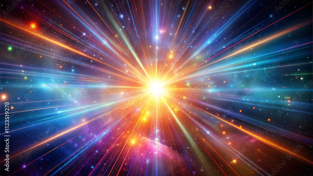 Fototapeta premium Vibrant cosmic starburst with colorful light beams, celestial wonder