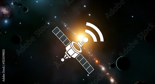 Space-Themed Background with Stars and Planets, Featuring a Satellite Communication Icon photo