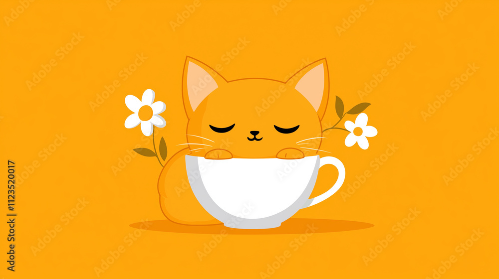 Adorable Cat Sleeping in a Floral Teacup: Soft Vector Art Adorable Cat Sleeping in a Floral Teacup: Soft Vector Art