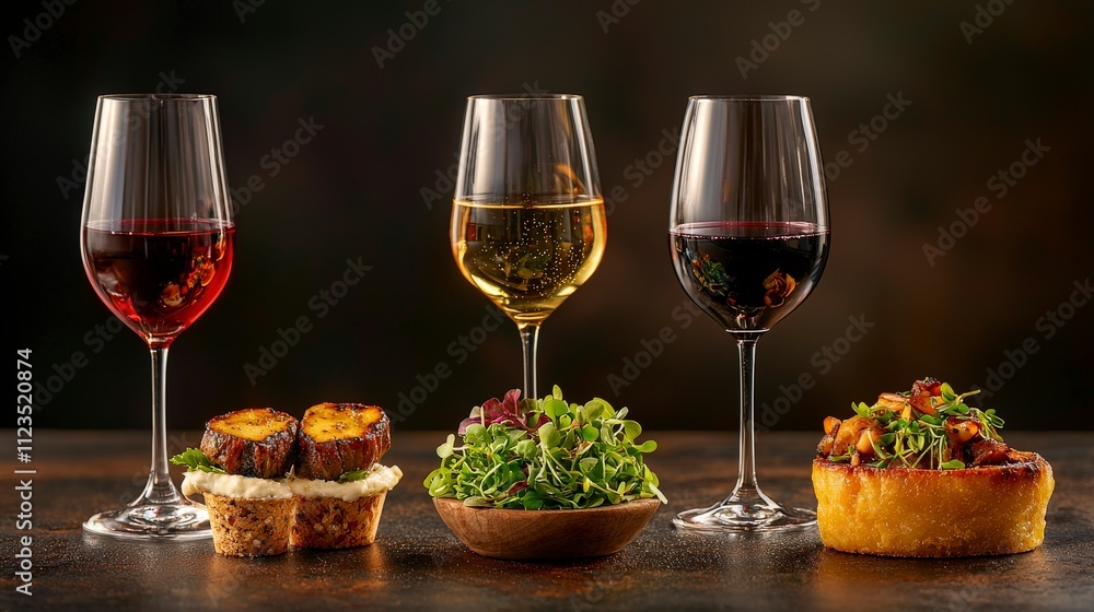 Naklejka premium An elegant display of wine glasses filled with red, white, and rose wines, paired with gourmet appetizers on a rustic wooden table.