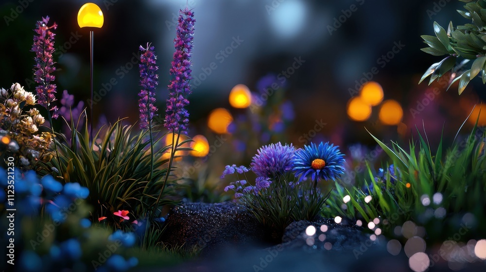 A beautiful garden with purple flowers and a blue flower A beautiful garden with purple flowers and a blue flower