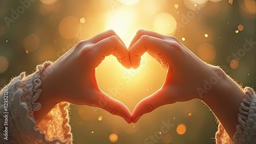 Two hands form a heart shape against a bright sunset glow. The warm light reflects a serene atmosphere, with golden particles floating in the air, evoking feelings of love and connection Generative AI