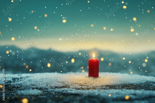 Christmas Candle in Snowy Winter Landscape with Golden Bokeh Lights and Blank Greeting Card