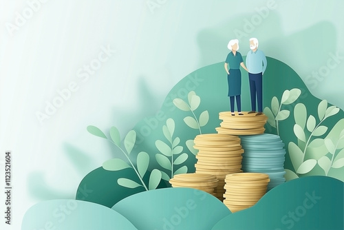 couple older standing with money coins saving style paper cut illustration  for concept pension and retirement planning