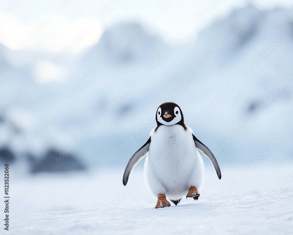Obraz premium A cheerful penguin waddling through a snowy landscape, showcasing the beauty of wildlife in its natural habitat.