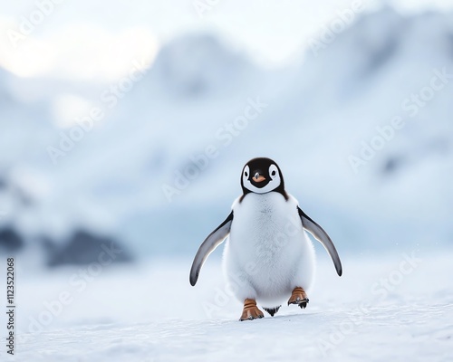 A cheerful penguin waddling through a snowy landscape, showcasing the beauty of wildlife in its natural habitat. photo