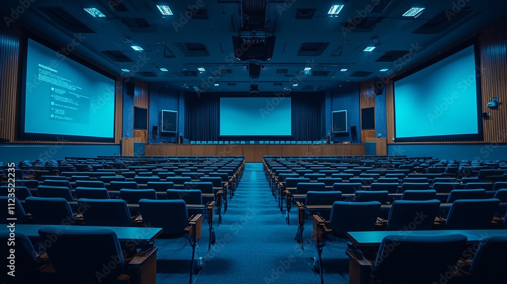 Obraz premium A futuristic digital lecture hall design showcasing engagement through large display panels Stock Photo with side copy space