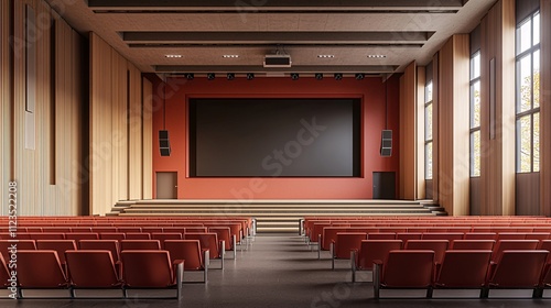 A futuristic digital lecture hall design showcasing engagement through large display panels Stock Photo with side copy space