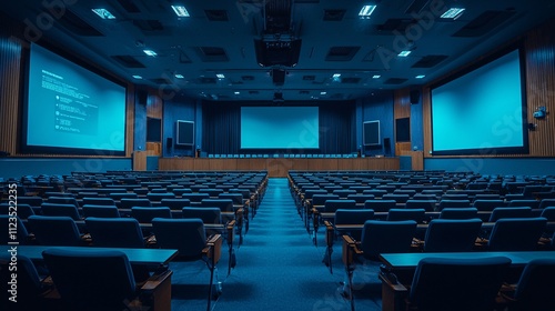 A futuristic digital lecture hall design showcasing engagement through large display panels Stock Photo with side copy space