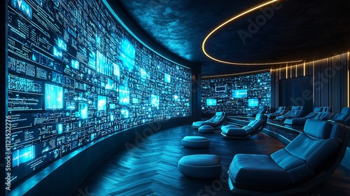 A futuristic digital lecture hall design showcasing engagement through large display panels Stock Photo with side copy space