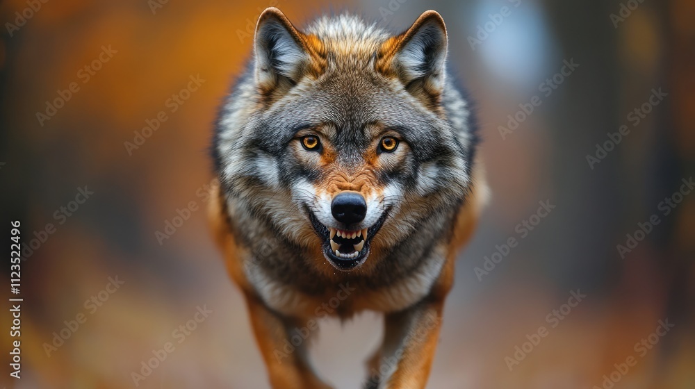 Fototapeta premium Fierce wolf snarling in blur forest background