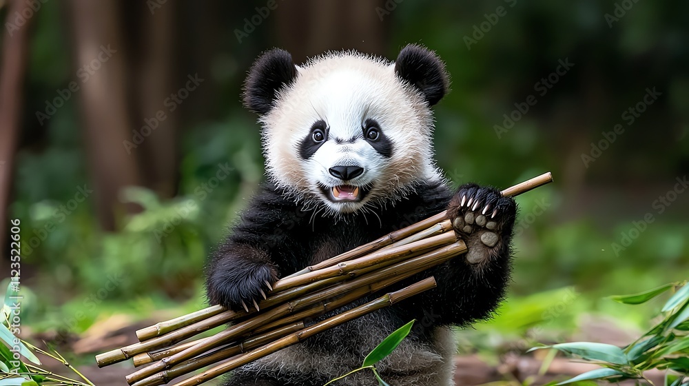 Fototapeta premium A cute panda holds bamboo sticks, showcasing its playful nature in a lush green environment.