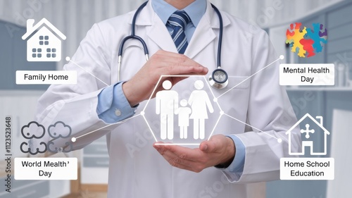 A uniformed doctor holding a virtual family badge. In the background is a family house. The doctor cares about the health of the family and supports World Mental Health Day, support for autism. photo