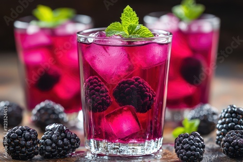 Close-up of blackberry juice in a clear glass, garnished with mint, showcasing a rich dark color, blurred background of blackberries .