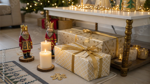 Festive Christmas gifts with candles and nutcracker decorations under decorated living room table