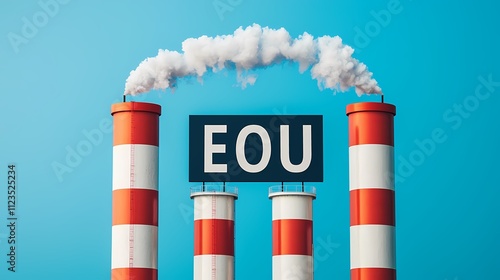 Three smokestacks emit white smoke against a blue sky, with a large sign displaying 