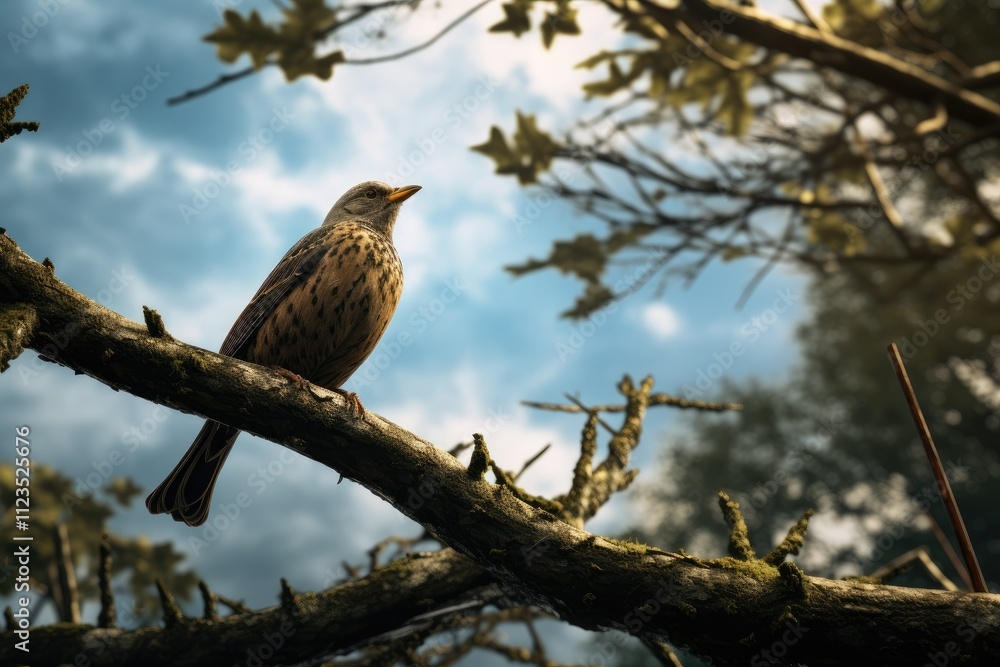 Upon Gazing Skyward a Solitary Bird Perches Amidst the Branches of a Towering Tree Upon Gazing Skyward a Solitary Bird Perches Amidst the Branches of a Towering Tree
