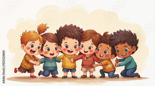 Group of several adorable children hugging and smiling. vector illustration.