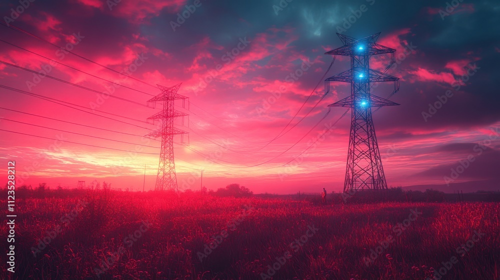 Naklejka premium Futuristic power line tower with glowing neon red structure, showcasing the future of energy networks and technological progress.