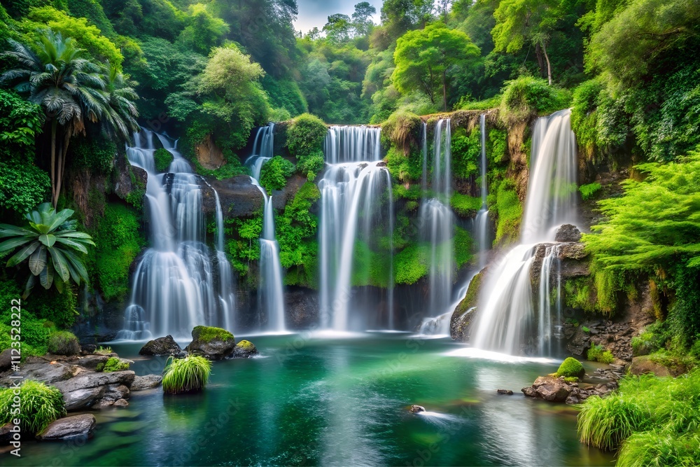 Fototapeta premium A cascading waterfall surrounded by lush greenery background design