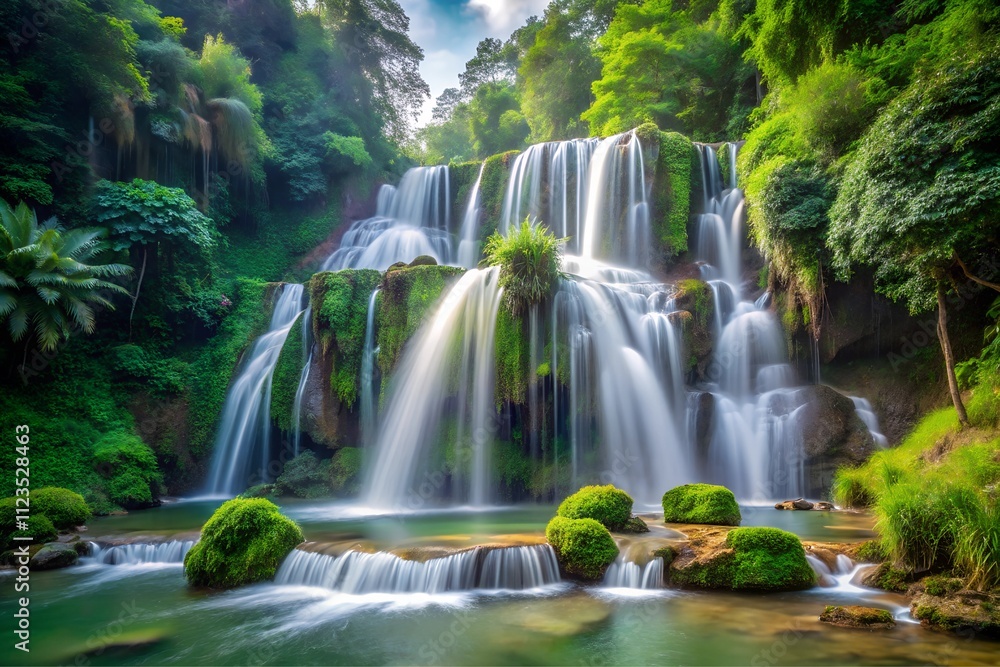 Fototapeta premium A cascading waterfall surrounded by lush greenery background design