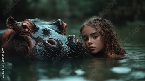 A young girl peacefully rests against a hippo in calm waters, evoking a unique connection with nature in a tranquil and mysterious setting. photo