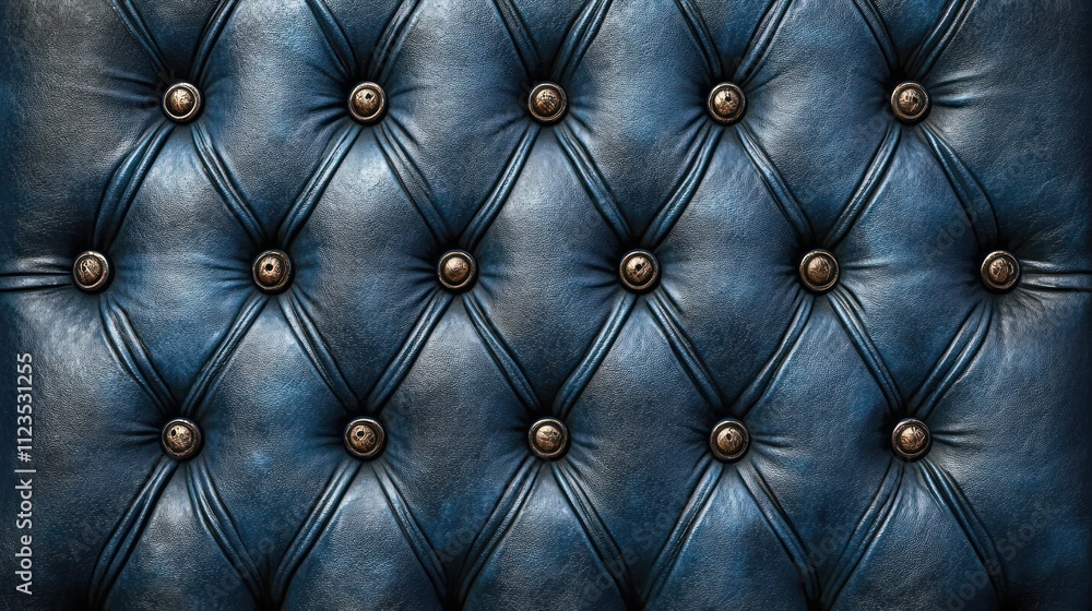 Fototapeta premium Detailed texture of deep blue leather upholstery showcases tufting and metal buttons for a stylish look
