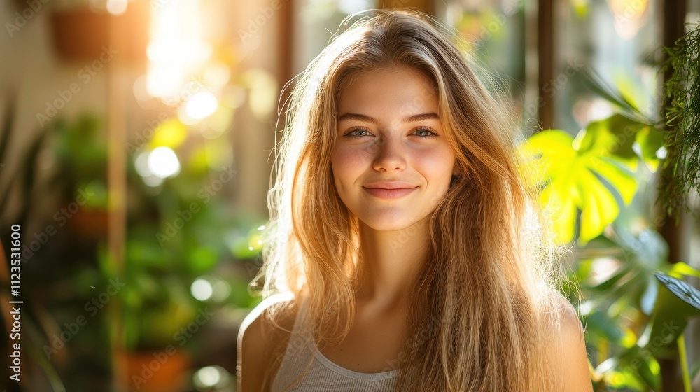 Obraz premium A cheerful woman stands amidst vibrant greenery in a sunlit indoor setting, radiating happiness