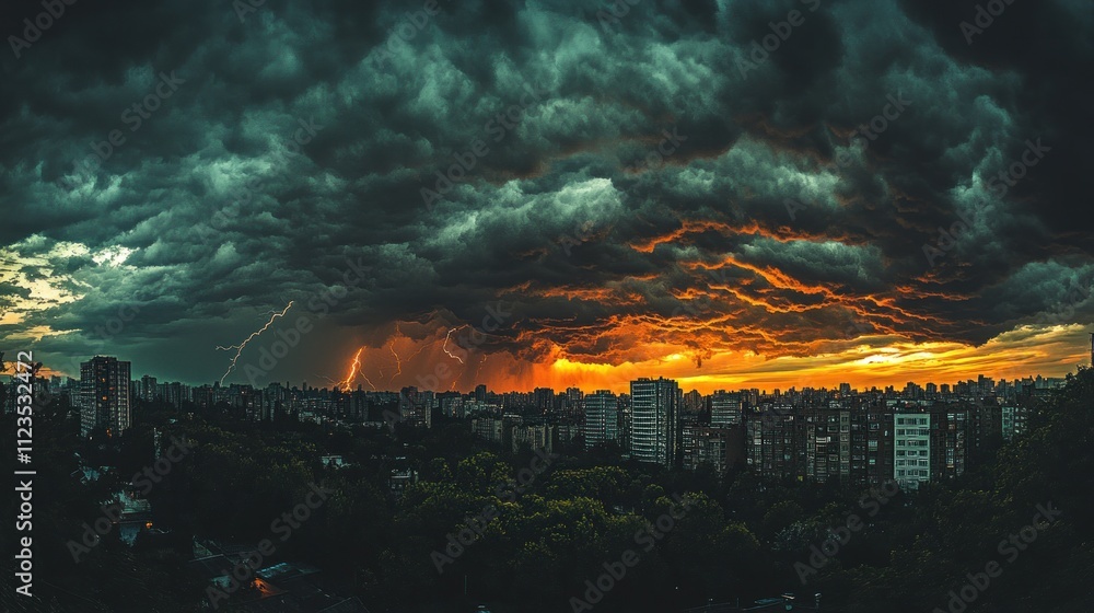 A vibrant sunset casts orange hues over a city skyline amidst looming storm clouds and flashes of lightning A vibrant sunset casts orange hues over a city skyline amidst looming storm clouds and flashes of lightning