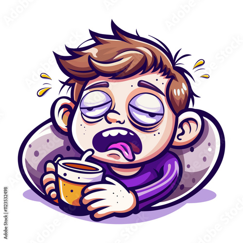 A flat style sticker of a tired boy holding a cup 